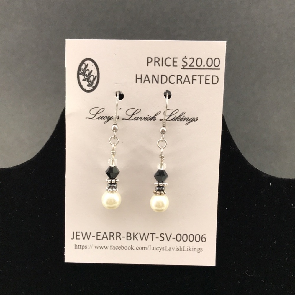 HANDCRAFTED EARRINGS—FISHHOOK DANGLES—Black Bicone/Wht Bead/Silvertone Findings - Picture 2 of 7